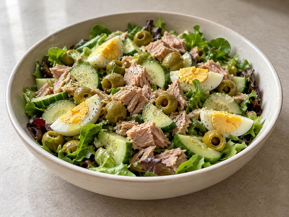 Ensalada de atún, huevo y aceitunas