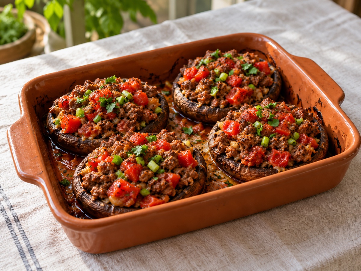 Ilustración de Portobellos de carne y tomate